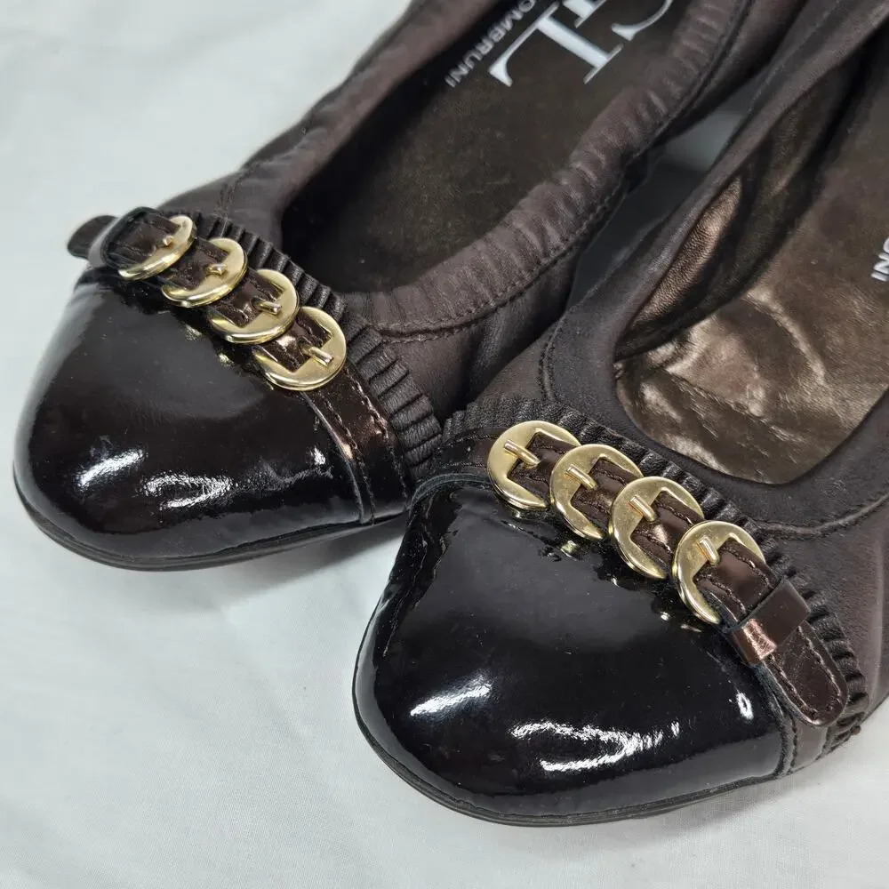 AGL Attilio Giusti Leombruni Ballet Flats Cap Toe Leather Gold Buckle 37.5 7.5